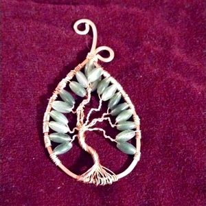 17 green bead and copper tree of life pendant